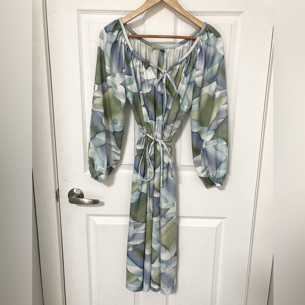 Nancy G Vintage 1970s Peasant Midi Dress - Blue/Green/White Long Sleeve - Size M